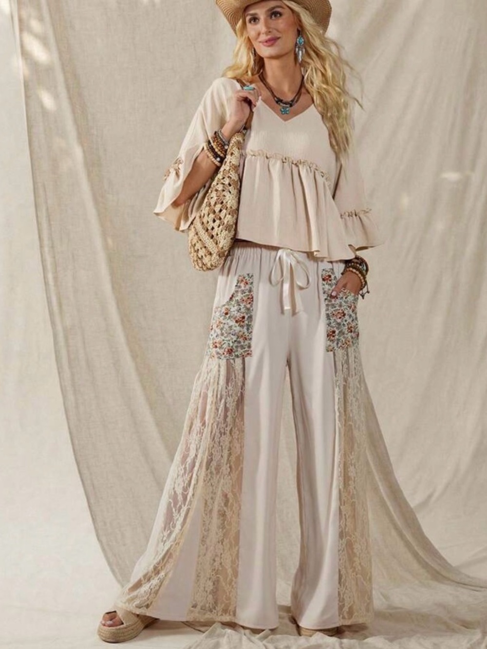 Boho patchwork pants floral Lace-Panel Wide Leg Pants - Cream